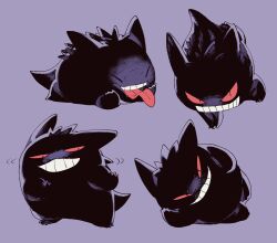  absurdres colored_sclera crawling gengar ghost grin highres looking_at_viewer lying multiple_views newo_(shinra-p) no_humans on_side pokemon pokemon_(creature) red_sclera simple_background smile teeth tongue tongue_out 