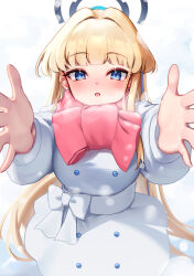  1girl absurdres blonde_hair blue_archive blue_halo blush embarrassed halo highres long_hair looking_at_viewer outstretched_arm pov red_scarf sakurahuji-iro scarf simple_background snowing solo toki_(blue_archive) very_long_hair white_background winter_clothes 