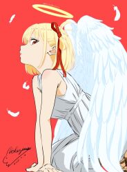  1girl angel angel_wings blonde_hair dress feathered_wings hair_ribbon halo lycoris_recoil nishikigi_chisato nishizawa_hiroto red_eyes red_ribbon ribbon short_hair sitting sleeveless sleeveless_dress solo traditional_halo white_dress white_wings wings 