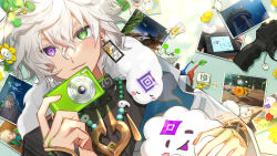  1boy :3 absurdres animal_around_neck animal_crossing bead_necklace beads black_shirt blue_pikmin camera character_doll commentary_request doll flowey_(undertale) green_background green_eyes heterochromia highres holding holding_camera jacket jewelry looking_at_viewer magatama male_focus matochi_(fa) murakumo_kagetsu murakumo_kagetsu_(1st_costume) necklace nijisanji off_shoulder photo_(object) pikaman pikmin_(creature) red_pikmin shirt short_hair solo suika_game undertale upper_body utdr_(toby_fox) violet_eyes virtual_youtuber watakumo_(murakumo_kagetsu) white_hair white_jacket yellow_pikmin 
