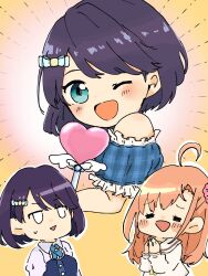  2girls :d ;d =_= ahoge azabu_mai bare_shoulders blank_eyes blue_eyes closed_eyes commentary_request emphasis_lines heart_wand highres ikizulive!_love_live!_bluebird long_hair love_live! mao_(maooo_049) multiple_girls multiple_views one_eye_closed open_mouth orange_hair purple_hair short_hair smile sweatdrop takahashi_polka winged_wand yellow_background 