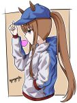  1girl animal_ears arm_up baseball_cap blue_eyes blue_headwear brown_background brown_hair bubble_blowing chewing_gum ears_through_headwear goom_(goomyparty) grass_wonder_(umamusume) hand_in_pocket hand_on_headwear hat highres hood hood_down hoodie horse_ears long_hair long_sleeves outline ponytail profile puffy_long_sleeves puffy_sleeves solo two-tone_background umamusume very_long_hair white_background white_hoodie white_outline 