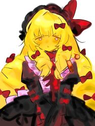  1girl black_bonnet black_dress blonde_hair blood blush bonnet bow bowtie colored_skin die_of_death dress gothic_lolita hair_bow highres juliet_sleeves lolita_fashion long_hair long_sleeves mequot_(die_of_death) open_mouth puffy_sleeves q622130598 red_bow red_bowtie roblox single_hair_intake sleeve_bow solo stab sword very_long_hair weapon yellow_skin 