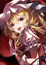  1girl blonde_hair crystal_wings fangs flandre_scarlet frilled_cuffs frilled_hat frilled_sleeves frills hair_between_eyes hand_up hat hat_ribbon long_hair mob_cap open_mouth pointy_ears puffy_short_sleeves puffy_sleeves red_eyes red_ribbon red_vest ribbon ringo_no_usagi shirt short_sleeves smile solo touhou variant_set vest white_hat white_shirt wings wrist_cuffs 