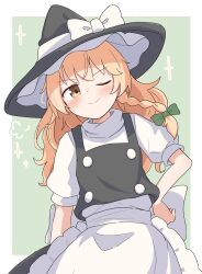  1girl absurdres apron back_bow black_hat black_skirt black_vest blonde_hair blush bow braid closed_mouth commentary_request green_bow hair_bow hat hat_bow haya_s2 highres kirisame_marisa looking_at_viewer one_eye_closed puff_of_air puffy_short_sleeves puffy_sleeves short_sleeves side_braid single_braid skirt smile smug solo touhou vest waist_apron white_apron white_bow witch_hat yellow_eyes 