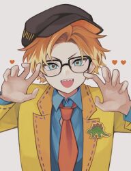  18trip 1boy bespectacled black_hat blonde_hair blue_shirt collared_shirt glasses hat heart isotake_akuta jacket long_sleeves looking_at_viewer male_focus multicolored_hair necktie open_clothes open_jacket open_mouth orange_hair red_necktie sebon_(sebochin) shirt short_hair simple_background smile solo teeth tongue two-tone_hair upper_body upper_teeth_only white_background yellow_jacket 