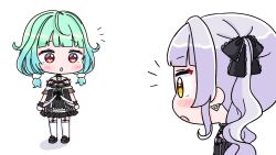  2girls :o bare_shoulders black_bow black_dress black_shoes blush bow brown_eyes chibi commentary_request dress garter_straps green_hair grey_hair hair_bow highres hololive low_twintails mochimiko multiple_girls murasaki_shion murasaki_shion_(gothic_lolita) parted_lips red_eyes shadow shoes short_twintails simple_background standing thigh-highs twintails uruha_rushia uruha_rushia_(3rd_costume) virtual_youtuber white_background white_thighhighs wrist_cuffs 