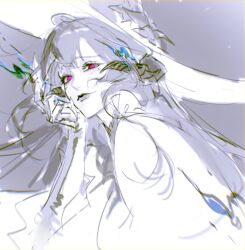  1girl closed_mouth constance_(honkai:_star_rail) demon_girl demon_horns dress fake_claws fire grey_background hair_between_eyes hand_on_own_cheek hand_on_own_face hat highres honkai:_star_rail honkai_(series) horns leaning_to_the_side light_blush looking_at_viewer mole mole_under_eye monochrome partially_colored red_eyes seductive_smile smile solo sun_hat tanyaf2022 thick_lips upper_body 