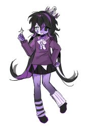  1girl black_eyes black_hair black_skirt colored_skin crown forsaken_(roblox) full_body hand_up heterochromia highres long_hair low_twintails multicolored_hair noli_(roblox) open_clothes pleated_skirt purple_skin purple_sweater q622130598 roblox simple_background skirt smile solo streaked_hair sweater twintails very_long_hair white_background white_eyes 
