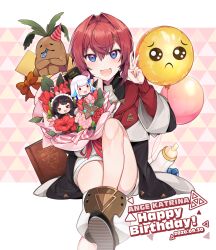  1girl :d absurdres ange_katrina ange_katrina_(1st_costume) ankle_boots baby_bottle balloon black_coat blue_eyes blush book boots bottle bouquet bow brown_bow cardigan character_doll character_name coat commentary_request dated doll dress emoji english_text flower foot_out_of_frame gradient_eyes hair_between_eyes hair_intakes hair_ornament hand_up happy_birthday hat highres holding holding_bouquet inui_toko inui_toko_(1st_costume) knee_up lize_helesta lize_helesta_(1st_costume) long_sleeves looking_at_viewer mandragora mandragora_(ange_katrina) medium_hair mitsumine_(ookami_no_oyashiro) multicolored_eyes nijisanji off_shoulder open_mouth party_hat party_horn pink_background pink_flower pleading_face_emoji red_cardigan red_flower red_hair sanbaka_(nijisanji) short_dress sitting smile solo teeth triangle_hair_ornament triangular_tiling_background upper_teeth_only v violet_eyes virtual_youtuber white_dress 
