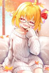  1girl :d ahoge alternate_costume aran_sweater bespectacled black-framed_eyewear blonde_hair cable_knit commentary_request cowboy_shot dress fang glasses hair_ribbon half-closed_eyes hand_up indoors leaf light_blush long_sleeves looking_at_viewer maple_leaf narrowed_eyes open_mouth red_ribbon ribbon rumia sakuyabm short_hair sitting skin_fang sleeves_past_wrists smile solo sweater sweater_dress touhou watermark white_sweater 