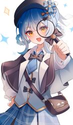  1girl absurdres bag black_bow blue_hair blue_necktie blue_skirt bow brown_capelet brown_hat capelet chijiandeyusang cowboy_shot deerstalker gold_trim hair_bow hair_rings hand_on_own_hip hat highres holding holding_magnifying_glass magnifying_glass mahou_shoujo_no_majo_saiban necktie open_mouth plaid_clothes plaid_skirt shirt short_necktie sidelocks simple_background skirt smile solo sparkle tachibana_sherry white_background white_shirt yellow_eyes 