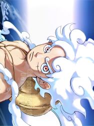  1boy alternate_form closed_mouth gear_fifth hagoromo hair_up hat highres looking_at_viewer male_focus monkey_d._luffy one_piece pink_eyes shawl signature solo straw_hat tacchan56110 thick_eyebrows topless_male twitter_username white_hair 