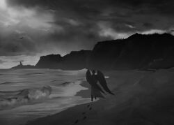  1boy absurdres black_hair black_wings clouds cloudy_sky coat demon_horns feathered_wings footprints from_behind full_body grey_sky highres horns kim_dokja male_focus monochrome mountainous_horizon official_alternate_costume omniscient_reader&#039;s_viewpoint open_clothes open_coat outdoors shore short_hair simple_bird sky solo standing waves white_coat wings yu_shiro_ki 