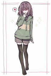  1other \||/ androgynous black_shirt black_thighhighs brown_hair brown_shorts chara_(undertale) collared_shirt commentary_request full_body green_hoodie hand_to_own_mouth heart highres hood hoodie long_sleeves looking_at_viewer medium_hair no_shoes okura_0915 other_focus red_eyes shaded_face shirt shorts smile sparkle spoken_heart striped_clothes striped_hoodie thigh-highs undertale utdr_(toby_fox) white_background 