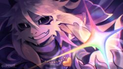  1boy arsen1cc artist_name asriel_dreemurr asriel_dreemurr_(god_of_hyperdeath) black_sclera colored_sclera diffraction_spikes fang floppy_ears furry furry_male grin heart_locket highres looking_to_the_side male_focus purple_robe robe skin_fang smile twitter_username undertale utdr_(toby_fox) white_fur 