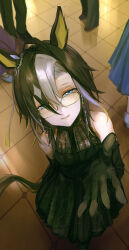  1girl absurdres animal_ears ballroom black_dress black_gloves blonde_hair blue_eyes brown_hair dream_journey_(umamusume) dress ear_ornament elbow_gloves floral_print formal_clothes from_above glasses gloves hair_over_one_eye half-closed_eyes highres horse_ears horse_girl horse_tail indoors long_bangs looking_at_viewer looking_over_eyewear multicolored_hair parted_lips people reaching reaching_towards_viewer seikatsu short_hair single_hair_intake sleeveless sleeveless_dress standing tail tiles tinted_eyewear umamusume white_hair 