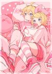  1boy 1girl :t absurdres ahoge arm_around_shoulder bed_sheet blonde_hair blue_eyes bow character_name double_vertical_stripe doughnut earphones eating food foreshortening hair_between_eyes hair_bow hair_ornament hairclip highres holding holding_doughnut holding_food holding_phone hug hugging_object in_cell kagamine_len kagamine_rin kneehighs looking_at_object looking_at_phone lying on_back on_side pants phone pillow pillow_hug pink_bow pink_footwear pink_pants pink_pillow pink_polka_dots pink_pupils pink_shorts pink_socks pink_sweater pink_theme plaid_pillow polka_dot sazanami_(ripple1996) shared_earphones shoes short_hair shorts sneakers socks spiky_hair striped striped_socks sweater swept_bangs vocaloid 