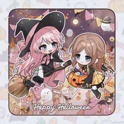  2girls bang_dream! bang_dream!_it&#039;s_mygo!!!!! black_dress black_hat broom broom_riding brown_hair chihaya_anon commentary dress fang ghost grey_eyes hat long_hair multiple_girls nagasaki_soyo open_mouth pink_hair sidelocks soha_blan symbol-only_commentary witch_hat 