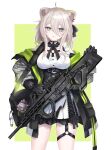  absurdres animal_ears ar-57 bag black_bow bow chicami choker commentary gun highres holding holding_gun holding_weapon hololive shishiro_botan shoulder_bag symbol-only_commentary virtual_youtuber weapon white_hair 