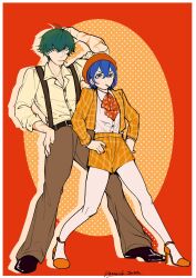  03_kyv 1boy 1girl alternate_costume arm_behind_head artist_name ascot belle_(zenless_zone_zero) beret black_shoes blue_hair border brown_pants closed_mouth collarbone commentary_request dotted_background earrings full_body green_eyes green_hair hair_between_eyes hand_on_own_hip hat hetero highres jacket jewelry legs_apart lighter_(zenless_zone_zero) lollipop_in_mouth looking_at_viewer multiple_scars orange_background orange_hat orange_jacket orange_shoes orange_shorts overalls pants plaid_clothes plaid_jacket plaid_shorts red_ascot red_background red_nails round_border scar scar_on_arm shirt shirt_tucked_in shoes short_hair shorts signature sleeves_rolled_up v-shaped_eyebrows white_shirt zenless_zone_zero 