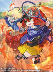  2025 2girls ball black_shirt black_shoes black_visor blue_jacket blue_pants copyright_notice dragon_girl dragon_horns dragon_musume_ni_naritakunai! duel_masters emphasis_lines fang fire green_eyes grey_hair hair_between_eyes hair_ornament high_ponytail holding holding_tennis_racket horns jacket jurako_ljuba knee_pads koroguchi kumada_suzu multiple_girls official_art one_eye_closed open_clothes open_jacket open_mouth outdoors pants playing_sports pleated_skirt ponytail racket red_hair shirt shoes skirt sportswear sweatdrop teeth tennis_court tennis_net tennis_racket upper_teeth_only violet_eyes yellow_skirt 