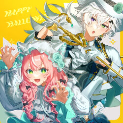  1boy 1girl :o absurdres alternate_costume ascot black_bow black_vest blue_flower blue_rose bow braid braided_sidelock candle cane claw_pose commentary_request dress earrings english_text fangs flower gloves green_eyes green_flower green_rose hair_bow half_gloves happy_halloween hat hat_flower heterochromia highres holding holding_cane jacket jewelry looking_at_viewer matochi_(fa) mob_cap multiple_hair_bows murakumo_kagetsu nijisanji nijisanji_kr open_mouth pink_hair rose shirt short_hair sidelocks single_earring smile sparkle top_hat two-tone_background upper_body vest violet_eyes virtual_youtuber white_ascot white_background white_dress white_gloves white_hair white_hat white_jacket white_shirt yang_nari yellow_background 
