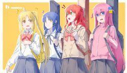  ! !! 4girls absurdres arm_at_side averting_eyes black_ribbon blonde_hair blue_eyes blue_hair bocchi_the_rock! border bow bowtie braid bright_pupils brown_sailor_collar brown_shirt choppy_bangs closed_mouth collared_shirt commentary_request cube_hair_ornament dot_mouth dot_nose fang gotoh_hitori green_eyes grey_skirt guitar_case hair_ornament hairclip hand_up highres ijichi_nijika instrument_case jacket kessoku_band kita_ikuyo long_hair long_sleeves looking_at_another looking_to_the_side medium_hair muina multiple_girls neck_ribbon notice_lines one_side_up open_mouth outside_border parallel_hairclips pink_jacket polka_dot polka_dot_bow polka_dot_bowtie red_bow red_bowtie red_hair ribbon sailor_collar school_uniform serafuku shaded_face shirt shirt_tucked_in side_ponytail side_ponytail_with_braided_base sideways_glance skin_fang skirt track_jacket wavy_mouth white_border white_pupils white_shirt wing_collar yamada_ryo yellow_background 