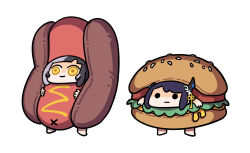  2girls asymmetrical_horns black_hair burger_costume chibi chibi_only closed_mouth grey_hair hashtag-only_commentary highres hololive hololive_english horn_ornament horns hot_dog_costume keenbiscuit multicolored_hair multiple_girls nerissa_ravencroft shiori_novella simple_background split-color_hair two-tone_hair virtual_youtuber white_background yellow_eyes 