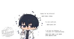  1boy averting_eyes black_eyes black_hair black_shirt chibi chibi_only coat collared_shirt english_text flustered hair_between_eyes hand_up kim_dokja kimidori_22 korean_text male_focus omniscient_reader&#039;s_viewpoint open_clothes open_coat shirt short_hair solo sweatdrop upper_body white_coat 