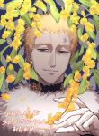  1boy black_clover blonde_hair closed_mouth facial_mark flower forehead_mark happy_birthday highres julius_novachrono light_smile looking_down male_focus royal_robe runadon1146 short_hair solo violet_eyes white_fur yellow_flower 