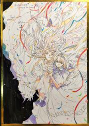  2girls absurdly_long_hair absurdres akemi_homura akemi_homura_(black_dress) black_background black_hair black_hairband boots bow capelet chest_jewel chinese_commentary closed_mouth commentary_request confetti crying crying_with_eyes_open dress eyelashes floating_clothes floating_hair frilled_dress frilled_sleeves frills full_body gem gloves goddess_madoka hair_bow hairband happy highres holding_hands kaname_madoka long_dress long_hair mahou_shoujo_madoka_magica mahou_shoujo_madoka_magica:_hangyaku_no_monogatari multiple_girls parted_lips pink_gemstone pink_hair pleated_sleeves purple_capelet riko-m sad short_sleeves sidelocks smile streamers tareme teardrop tears thank_you thigh_boots traditional_media twitter_username two_side_up very_long_hair violet_eyes white_boots white_bow white_dress white_gloves winged_boots yellow_eyes yuri 