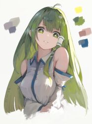  1girl absurdres ahoge arms_under_breasts bare_shoulders breasts collared_shirt color_guide detached_sleeves dot_nose frog_hair_ornament green_eyes green_hair hair_behind_ear hair_ornament hair_tubes highres kochiya_sanae large_breasts long_hair long_sleeves open_mouth sashimi_oniku shirt simple_background single_hair_tube single_sidelock sleeve_bow sleeve_ribbon sleeveless sleeveless_shirt snake_hair_ornament solo teeth touhou white_background wide_sleeves 