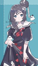  1girl absurdres aqua_background black_dress black_hair blue_eyes clothes_lift collared_dress dress dress_lift hair_bun highres jikuno lifted_by_self medium_hair neckerchief original red_neckerchief sailor_collar simple_background solo white_sailor_collar 