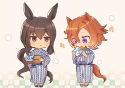  2girls admire_vega_(umamusume) alternate_costume animal_ears bath_yukata blush breasts brown_hair bucket carrot chibi closed_mouth eating food frown hair_between_eyes holding holding_food holding_towel horse_ears horse_girl horse_tail japanese_clothes kimono long_hair long_sleeves low_ponytail multiple_girls nnmkmwakaranai orange_hair orange_tail ponytail short_hair t.m._opera_o_(umamusume) tail towel umamusume violet_eyes wooden_bucket yukata 