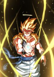  1boy a_(mitei7926) aura black_background black_vest blonde_hair blue_sash cowboy_shot cropped_vest dragon_ball dragon_ball_z energy_ball gogeta halo highres male_focus medium_hair metamoran_vest muscular muscular_male no_shirt open_clothes open_vest pants sash simple_background solo spiky_hair super_saiyan super_saiyan_1 vest white_pants yellow_halo 