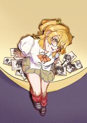  1girl arms_at_sides bespectacled black-framed_eyewear blonde_hair blush bow bowtie brown_skirt chinese_commentary commentary_request daiba_nana from_above full_body glasses green_eyes green_ribbon hair_between_eyes hair_ribbon head_tilt highres hoshimi_junna leg_warmers looking_at_viewer looking_up miniskirt orange_bow orange_bowtie parted_lips photo_(object) pleated_skirt puffy_short_sleeves puffy_sleeves purple_background purple_shoes red_leg_warmers ribbon school_uniform shadow shirt shoes short_hair short_sleeves short_twintails shoujo_kageki_revue_starlight sitting skirt solo twintails white_shirt xilailiu33942 