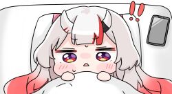  ! !! 1girl :< blush_stickers cellphone chibi futon gradient_hair grey_hair hands_up highres hololive looking_at_viewer mochimiko multicolored_hair nakiri_ayame parted_lips phone pillow red_hair simple_background solo streaked_hair triangle_mouth under_covers violet_eyes virtual_youtuber white_background 