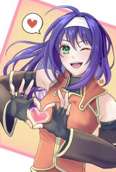  1girl ;d ahoge armpits black_gloves blush breasts detached_sleeves dress fingerless_gloves fire_emblem fire_emblem:_path_of_radiance four-finger_heart_hands gloves green_eyes hairband heart heart_hands highres kousetu0506 long_hair long_sleeves looking_at_viewer medium_breasts mia_(fire_emblem) one_eye_closed open_mouth orange_dress purple_hair smile solo spoken_heart upper_body white_hairband wide_sleeves 