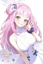  1girl absurdres bare_shoulders blue_archive blue_ribbon dress feathered_wings flower hair_bun hair_flower hair_intakes hair_ornament halo head_tilt highres light_blush mika_(blue_archive) pink_hair prock ribbon scrunchie smile waving white_background white_dress wings wrist_scrunchie yellow_eyes 