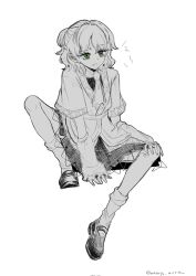  1girl commentary detached_sleeves fang full_body green_eyes highres medium_hair mizuhashi_parsee neckerchief parted_lips partially_colored pointy_ears shirt shoes short_sleeves skirt socks solo symbol-only_commentary touhou watage_milktea white_background 