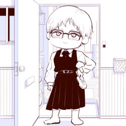  1girl chainsaw_man chibi chibi_only deer60868637 door dress glasses holding holding_shoes holding_unworn_clothes looking_at_viewer monochrome open_door pinafore_dress shoes short_hair sleeveless sleeveless_dress socks solo standing unworn_shoes yuko_(chainsaw_man) 