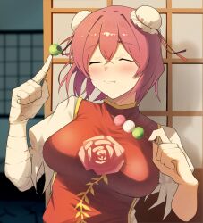  1girl :t absurdres bandaged_arm bandages blurry blurry_background blush breasts bun_cover closed_eyes closed_mouth commentary_request crossed_bangs dango double_bun eating food hair_between_eyes hair_bun highres ibaraki_kasen large_breasts pink_hair raian_macaroni red_vest sanshoku_dango shirt short_hair short_sleeves shouji sliding_doors smile solo touhou upper_body vest wagashi white_shirt 