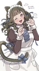  1girl ;d animal_ears apron ascot blue_ascot blue_bow blue_ribbon blunt_bangs bow brown_dress brown_hair cat_ears cat_tail collared_dress contrast_collar cowboy_shot dress fang frilled_apron frills highres juliet_sleeves kachimachi_kosuzu lilac_(li_lac_3) link!_like!_love_live! long_hair long_sleeves looking_at_viewer love_live! maid maid_apron maid_headdress nyan_nyan_nyan_fair_in_gamers official_alternate_costume one_eye_closed paw_pose pink_eyes puffy_sleeves ribbon simple_background skin_fang sleeve_ribbon smile solo tail tail_bow tail_ornament translation_request virtual_youtuber wavy_hair white_apron white_background 
