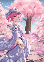  1girl absurdres ailu_elf beckoning blue_hat blue_kimono breasts cherry_blossoms commentary contrast_collar falling_petals fingernails frilled_hat frilled_sailor_collar frills hat highres japanese_clothes kimono long_sleeves looking_at_viewer medium_breasts mob_cap outdoors petals pink_eyes pink_hair saigyouji_yuyuko sailor_collar short_hair smile solo touhou tree triangular_headpiece white_sailor_collar wide_sleeves 