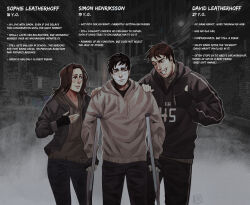  1girl 2boys ;d afraid_of_monsters black_gloves black_hair black_hoodie black_shirt brown_hair character_name commentary crossover crutch cry_of_fear darkriallet david_leatherhoff english_commentary english_text fingerless_gloves gloves grey_hoodie hand_on_another&#039;s_shoulder head_tilt hetero highres holding_crutch hood hood_down hoodie looking_at_another multiple_boys one_eye_closed photo_background print_hoodie shirt short_hair simon_henriksson smile sophie_(cry_of_fear) sweatdrop 