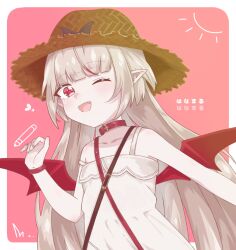  1girl ;d bare_shoulders belt_collar black_bow black_straps blunt_bangs blush border bow bracelet collar collarbone demon_wings dress fang grey_hair hair_down hand_up hat hat_bow heart heart-shaped_pupils highres inukai723 jewelry long_hair looking_at_viewer makaino_ririmu makaino_ririmu_(3rd_costume) multicolored_hair nijisanji one_eye_closed open_mouth outside_border pink_background pointy_ears red_collar red_eyes red_straps red_streaks red_wings shoulder_strap sidelocks sleeveless sleeveless_dress smile solo standing straight_hair strap_slip straw_hat streaked_hair sundress symbol-shaped_pupils two-tone_hair upper_body virtual_youtuber white_border white_dress wings 