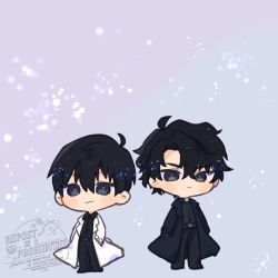 2boys ahoge black_coat black_eyes black_hair black_shirt chibi chibi_only coat collared_shirt curtained_hair double-parted_bangs full_body hair_between_eyes hands_in_pockets highres kim_dokja kimidori_22 looking_at_viewer male_focus multiple_boys omniscient_reader&#039;s_viewpoint open_clothes open_coat popped_collar shirt short_hair standing white_coat yoo_joonghyuk 