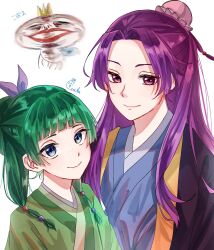  1boy 1girl beads blue_eyes blunt_bangs bun_cover chinese_clothes closed_mouth eerika1114 freckles green_hair hair_beads hair_bun hair_ornament hair_ribbon half_updo hanfu highres jacket jinshi_(kusuriya_no_hitorigoto) kusuriya_no_hitorigoto long_hair long_sleeves looking_at_viewer maomao_(kusuriya_no_hitorigoto) motion_blur multi-tied_hair parted_bangs purple_hair purple_ribbon ribbon robe single_hair_bun smile twintails upper_body violet_eyes white_background 