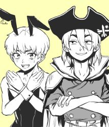  2boys animal_ears blush cape crossed_arms dr._stone eerika1114 fake_animal_ears greyscale_with_colored_background hair_between_eyes hat highres leotard male_focus male_playboy_bunny monochrome multiple_boys nanami_ryuusui open_mouth pirate pirate_hat playboy_bunny rabbit_ears saionji_ukyou short_hair signature smile sweatdrop upper_body wrist_cuffs yellow_background 